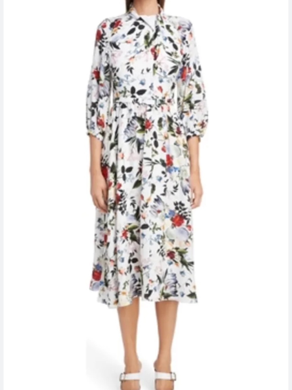 Erdem Cotton Poplin Midi Dress With Birds & Flowers Size 8.